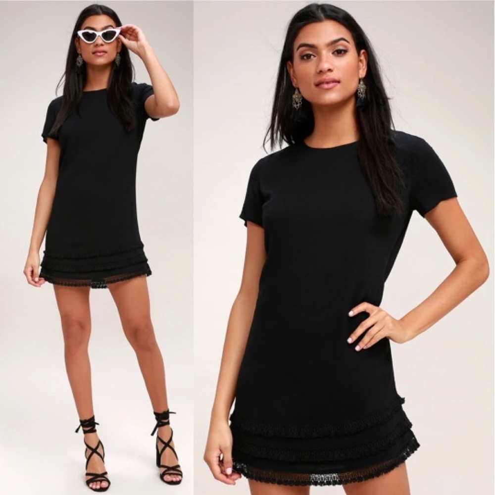 Lulu's Buenos Aires Boho Crochet Lace Trim Gauze Shift Dress Black M